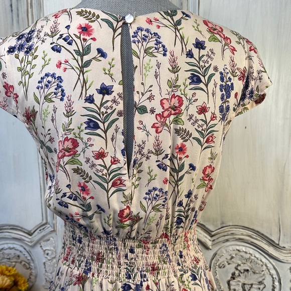 Angie Floral V-Neck Cap Sleeve Smocked Waist Maxi Dress Cottage Prairie Boho - Picture 7 of 9